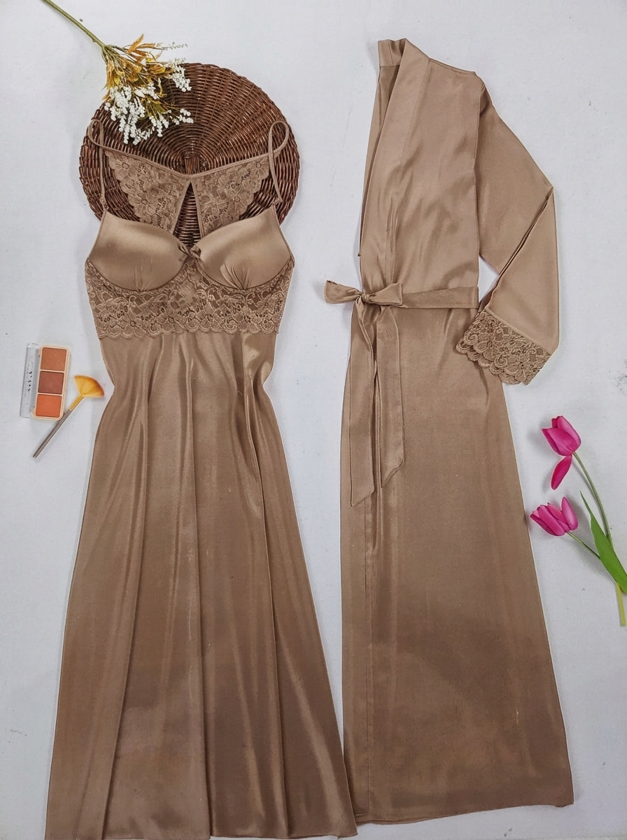 Lingerie Femme Satin & Dentelle Beige - Nuisette Longue & Robe de Chambre