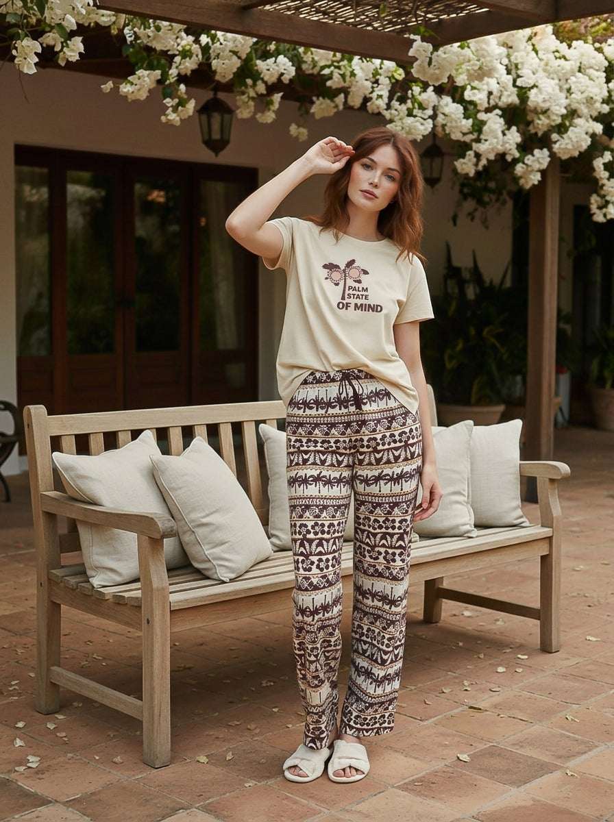 Pyjama Femme Palm State Beige - T-shirt & Pantalon