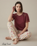 Pyjama Femme Dentelle Bordeaux – Top & Pantalon Floral Coordonné M-2826