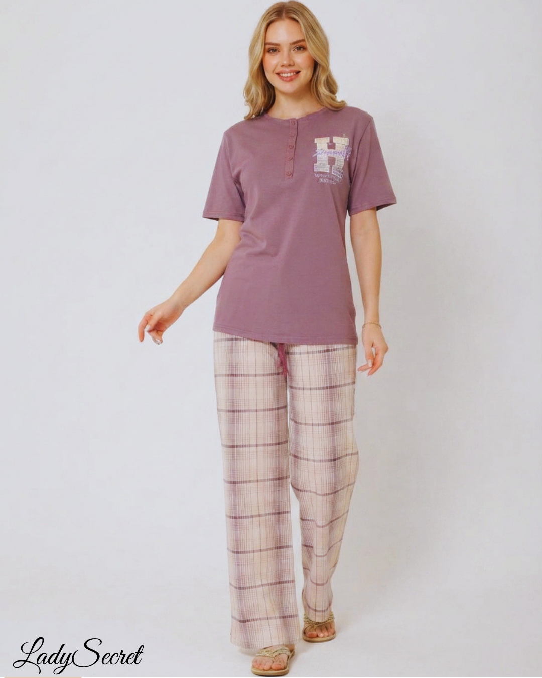 Pyjama Femme Henley & Carreaux Mauve – T-shirt & Pantalon Coordonné LJ-434