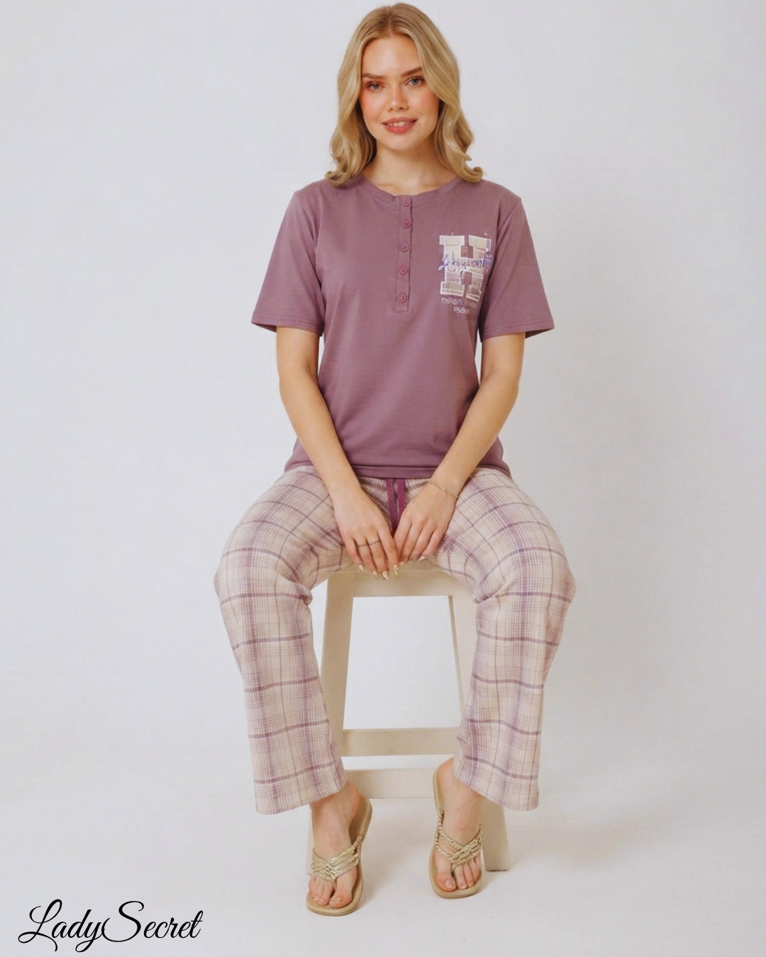 Pyjama Femme Henley & Carreaux Mauve – T-shirt & Pantalon Coordonné LJ-434