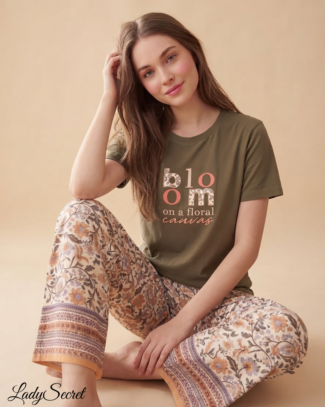 Pyjama Femme Bloom Floral Canvas – T-shirt & Pantalon Large S-6104-Vert