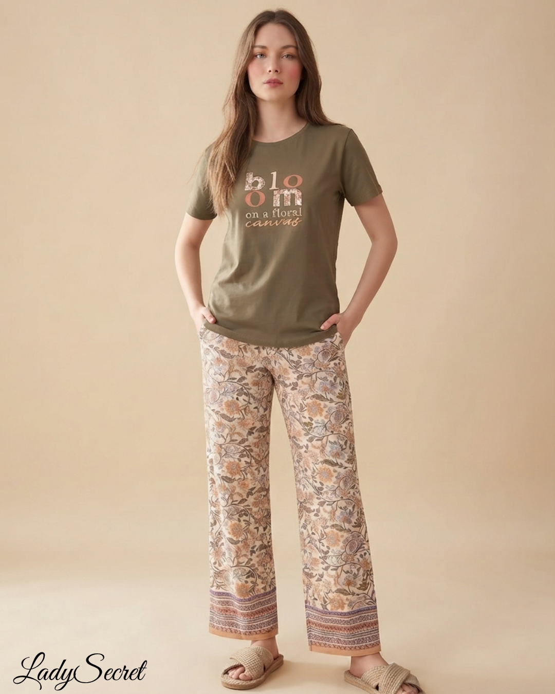 Pyjama Femme Bloom Floral Canvas – T-shirt & Pantalon Large S-6104-Vert