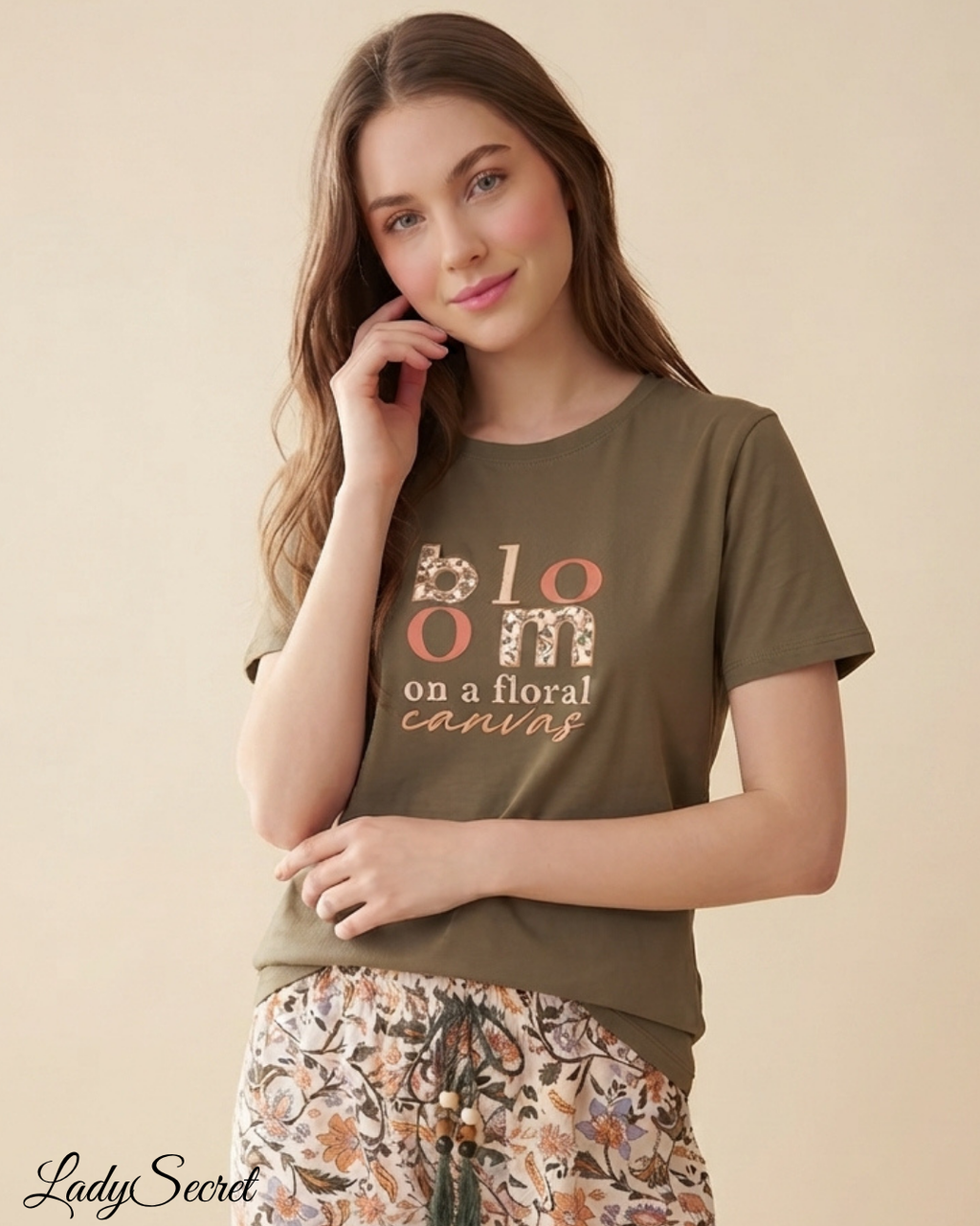 Pyjama Femme Bloom Floral Canvas – T-shirt & Pantalon Large S-6104-Vert