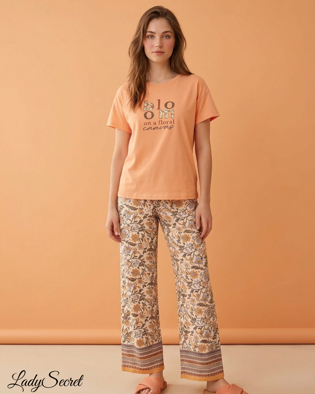 Pyjama Femme Bloom Floral Canvas - T-shirt & Pantalon Large S-6104-Orange