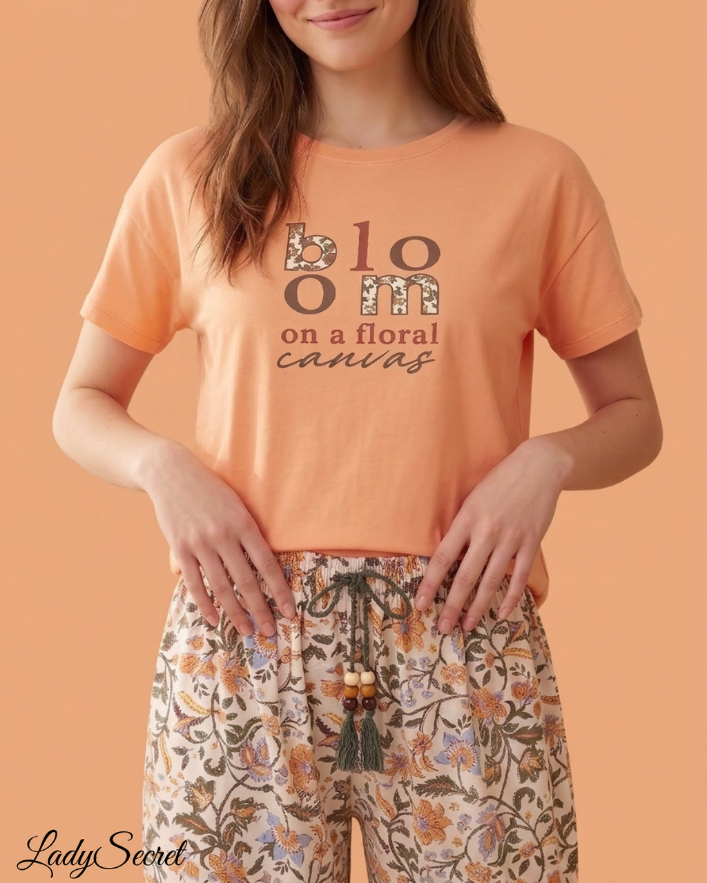 Pyjama Femme Bloom Floral Canvas - T-shirt & Pantalon Large S-6104-Orange
