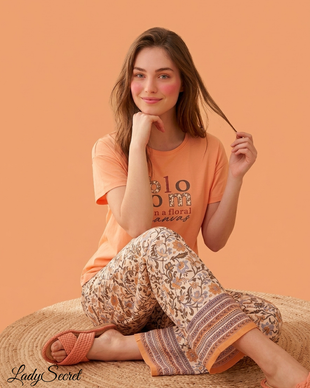 Pyjama Femme Bloom Floral Canvas - T-shirt & Pantalon Large S-6104-Orange