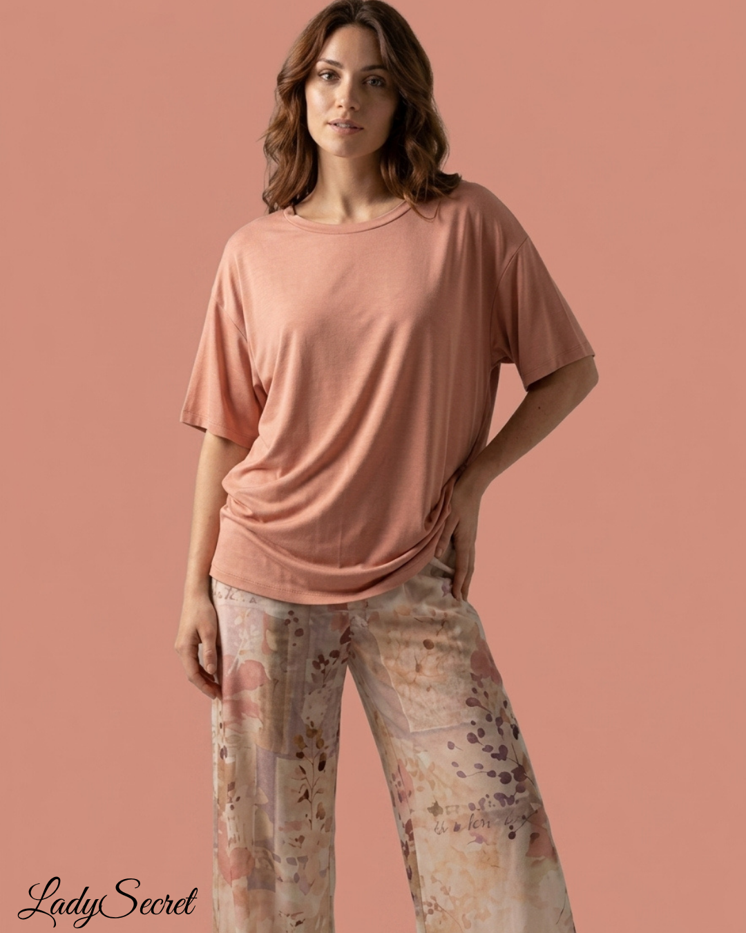 Pyjama Femme Floral Rose Poudré - T-shirt & Pantalon Large BM-1964