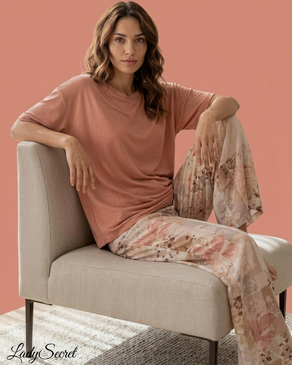 Pyjama Femme Floral Rose Poudré - T-shirt & Pantalon Large BM-1964