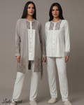 Pyjama Femme Dentelle Taupe & Crème – Top, Pantalon & Cardigan Long