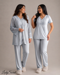 Pyjama Femme Dentelle Bleu Gris – Top, Pantalon & Robe