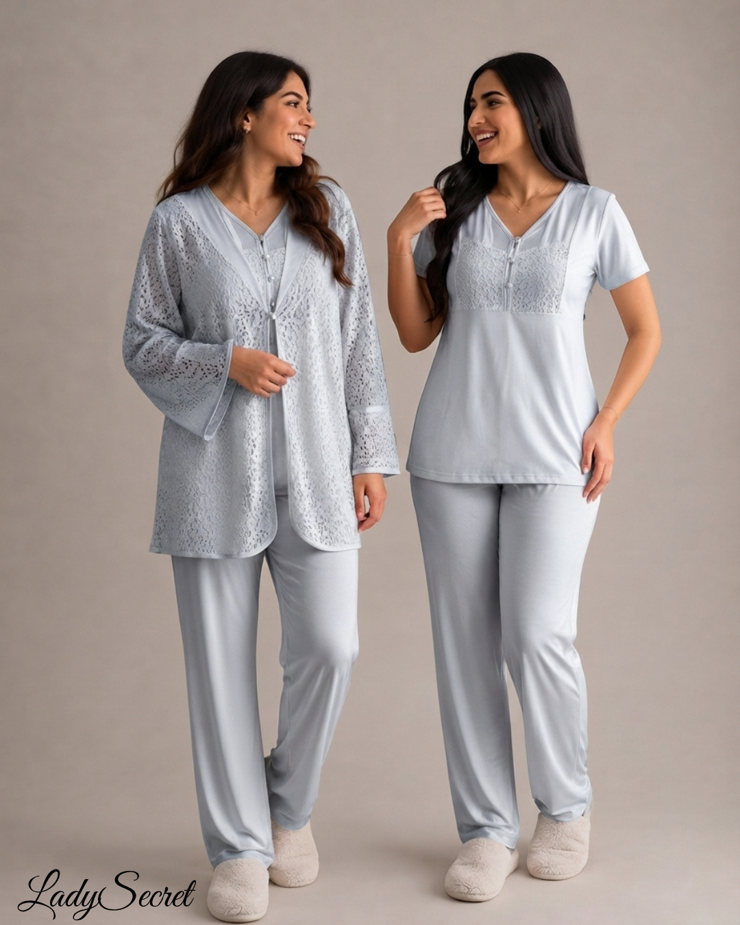 Pyjama Femme Dentelle Bleu Gris – Top, Pantalon & Robe
