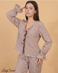 Pyjama Femme 3 Pièces "It's Time Magic" – Débardeur Marron, Chemise & Pantalon Vichy