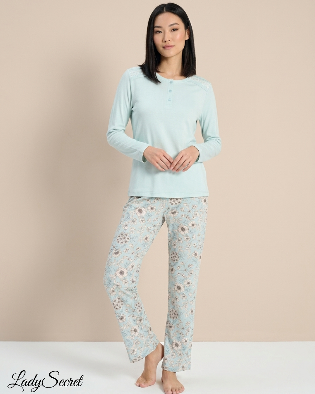 Pyjama Femme Floral Bleu Ciel - Top Henley & Pantalon