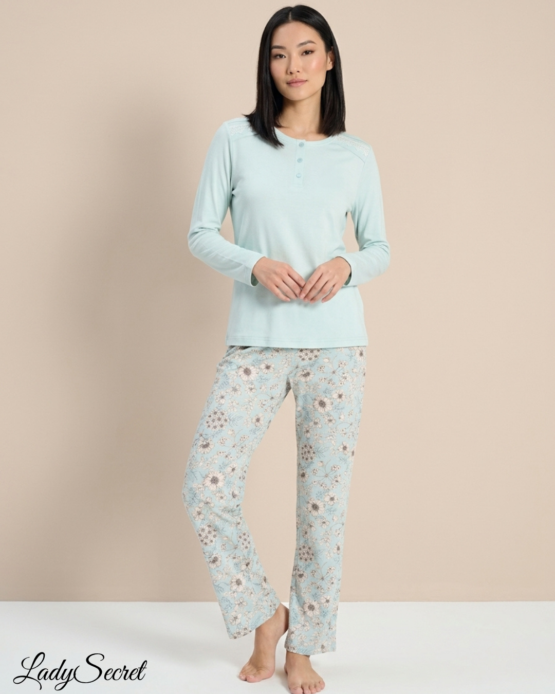 Pyjama Femme Floral Bleu Ciel - Top Henley & Pantalon