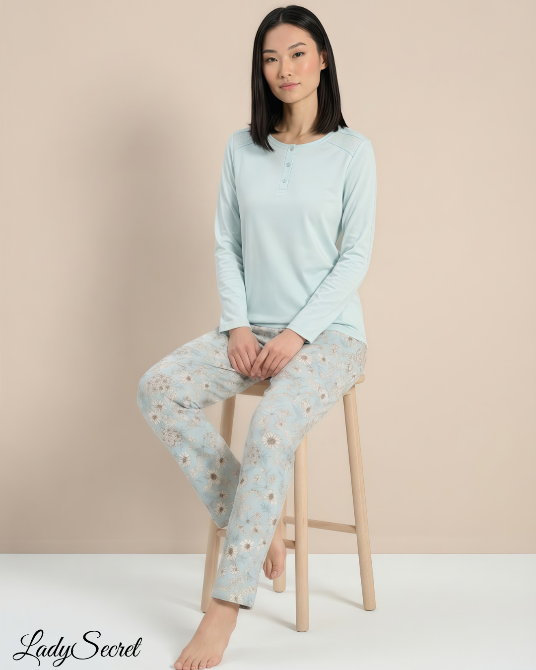 Pyjama Femme Floral Bleu Ciel - Top Henley & Pantalon