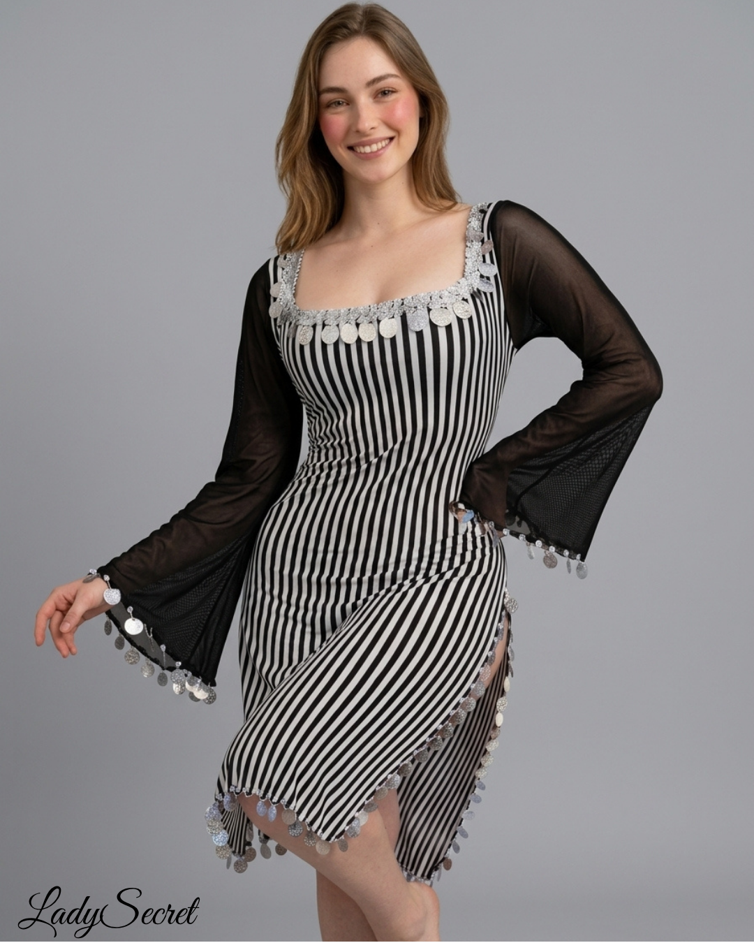 Robe Femme Danse Orientale Rayures & Pièces – Robe à Manches Évasées