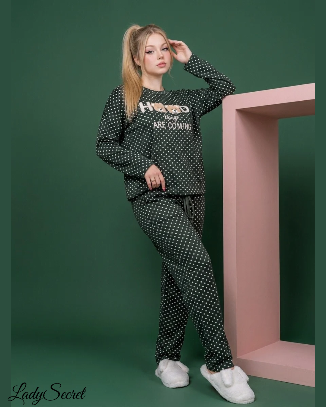 Pyjama Femme Pois Vert & Ours – Top & Pantalon