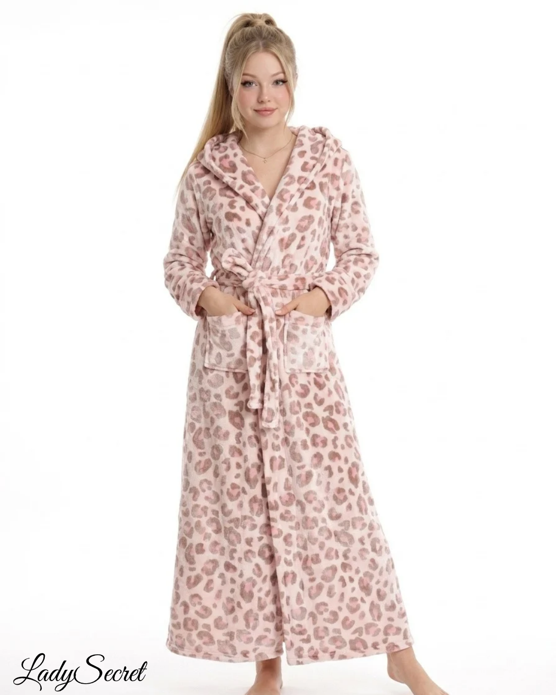 Peignoir Long à Capuche Léopard Rose