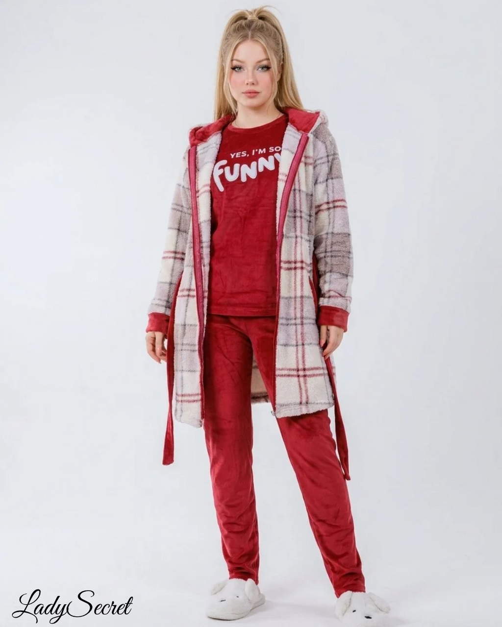 Pyjama Femme Velours Funny – T-shirt, Pantalon & Peignoir