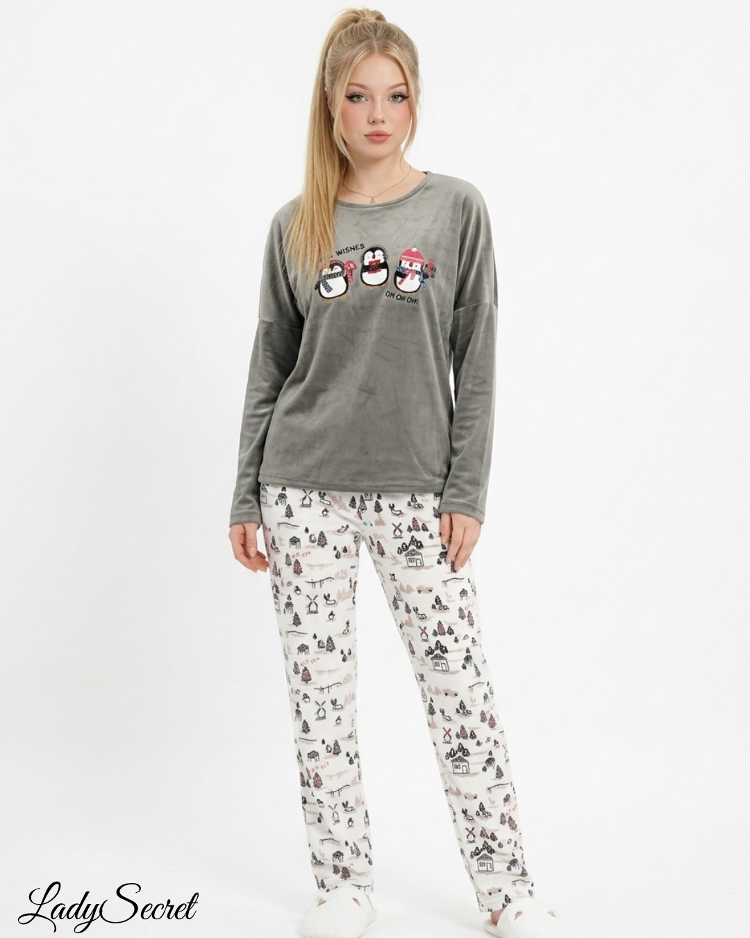 Pyjama Femme Velours Pingouins de Noël