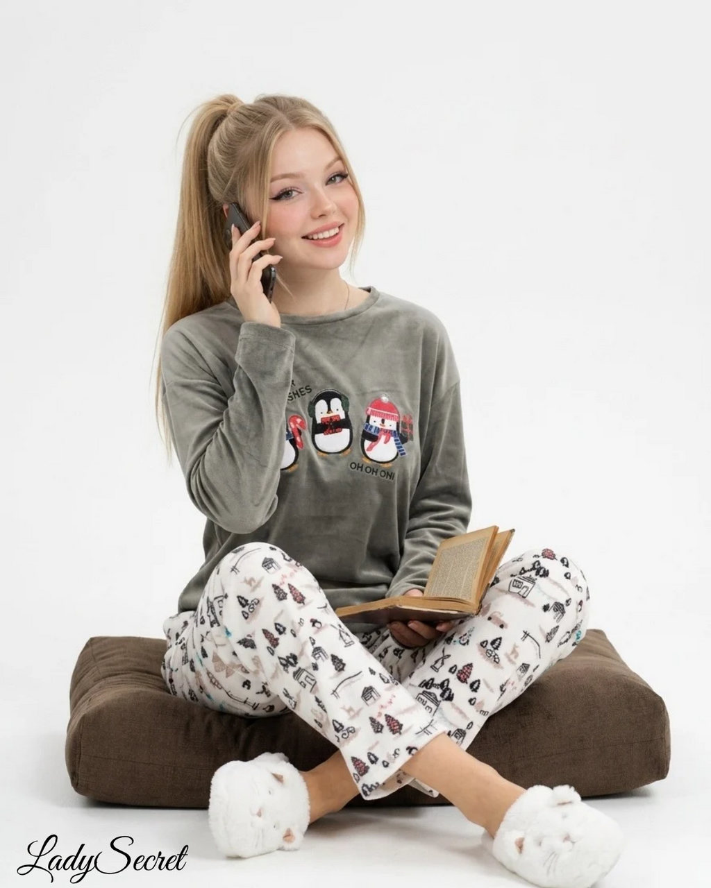Pyjama Femme Velours Pingouins de Noël