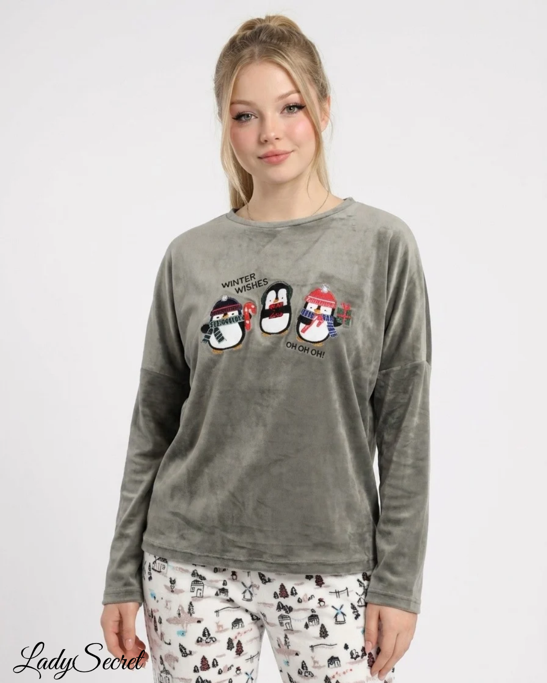 Pyjama Femme Velours Pingouins de Noël