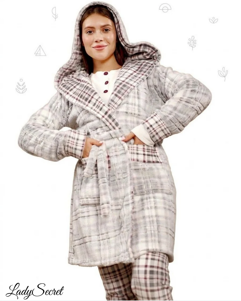 Ensemble Femme Plaid Hivernal – Top, Pantalon & Peignoir à Capuche