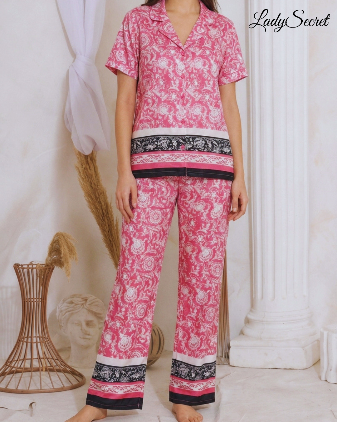 Pyjama Femme Cachemire Vert/Rose - Chemise & Pantalon