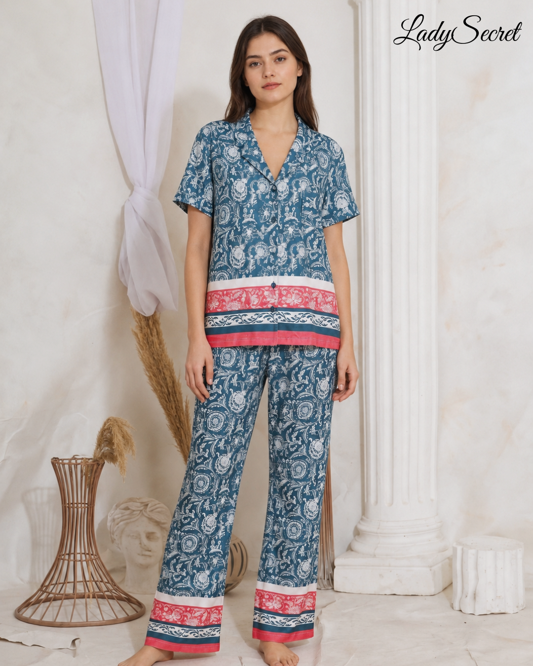 Pyjama Femme Cachemire Vert/Rose - Chemise & Pantalon