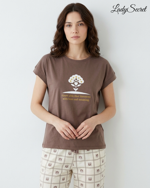 Pyjama Femme Blossom Taupe - T-shirt & Pantalon