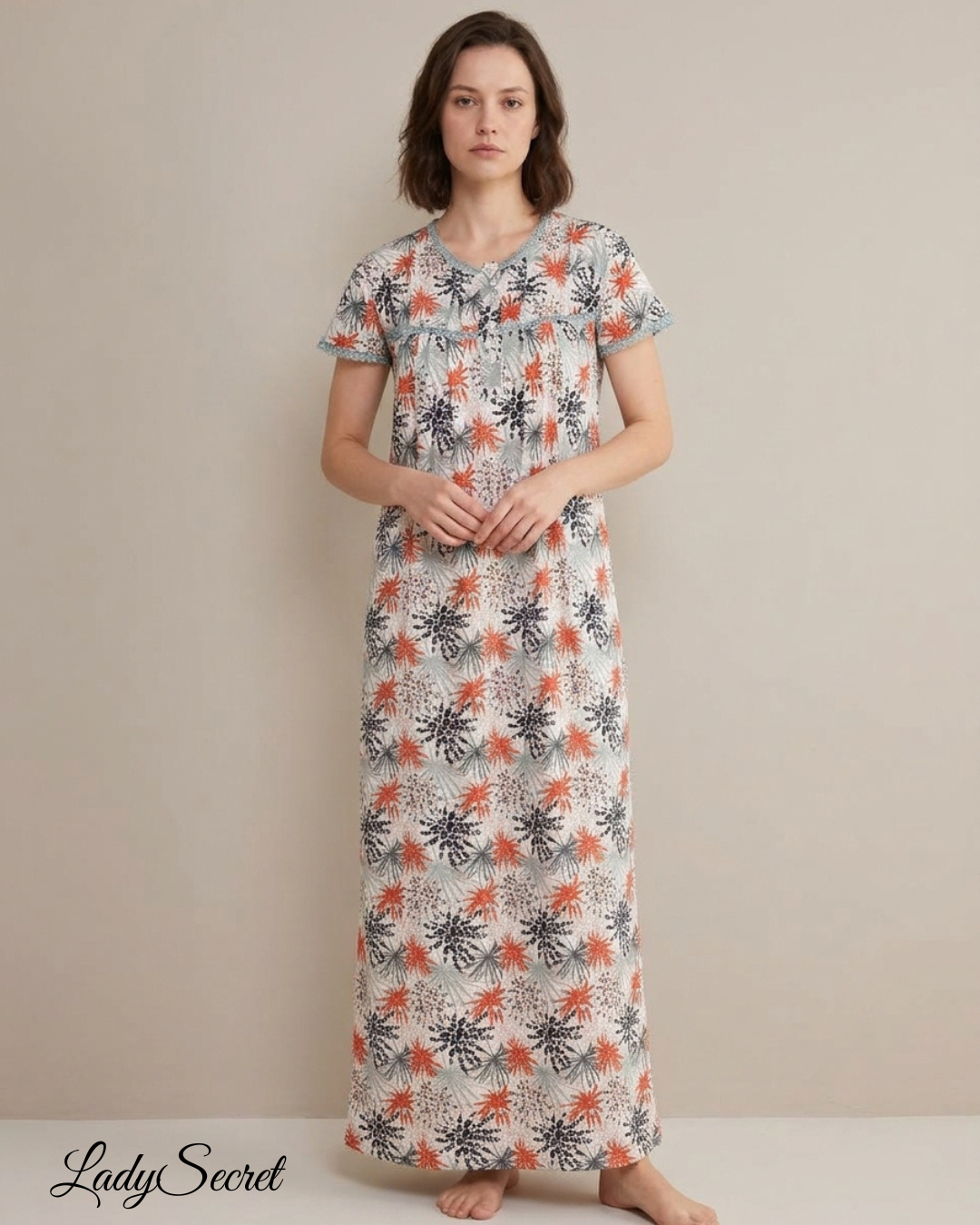 Robe de Nuit Femme Floral Corail - Longue