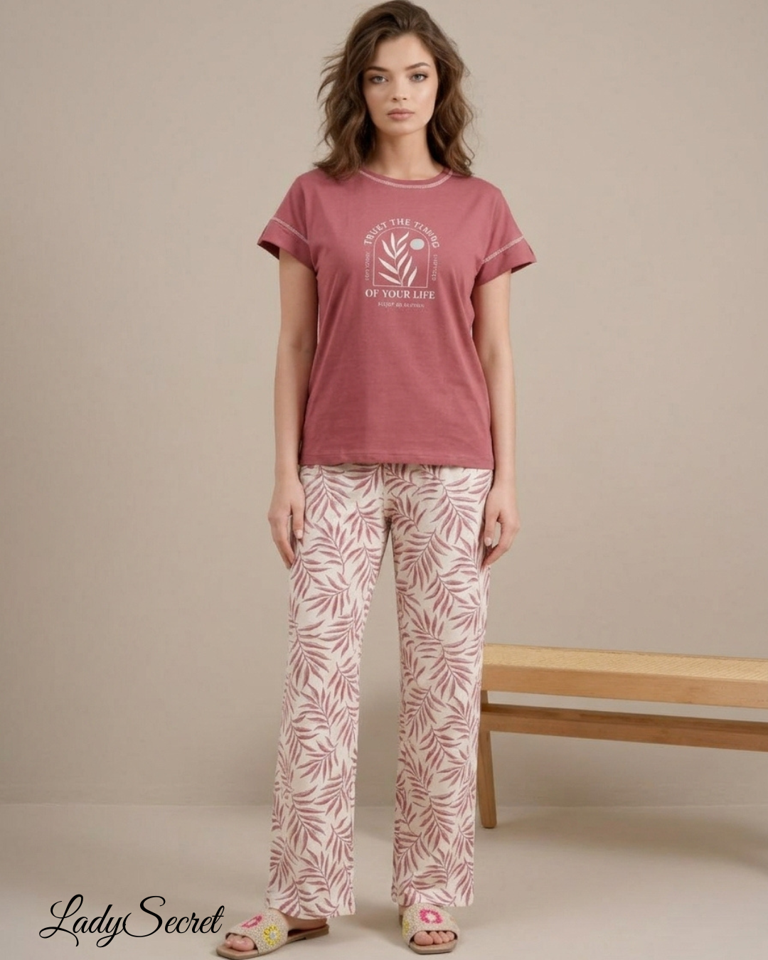 Pyjama Femme Feuillage & T-shirt Rose Poudré 714