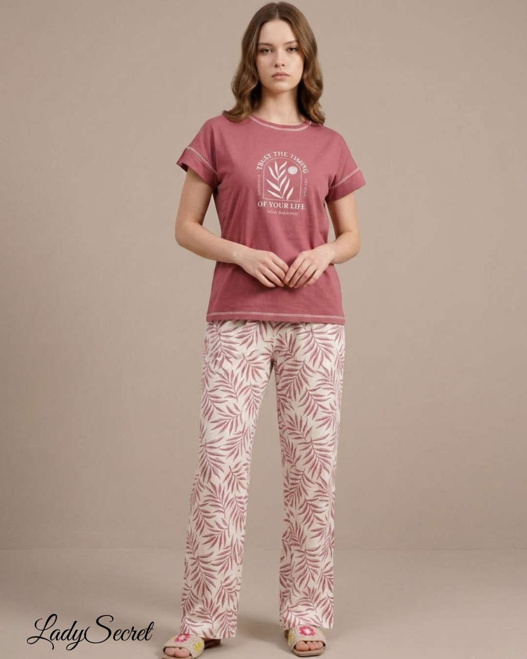 Pyjama Femme Feuillage & T-shirt Rose Poudré 714