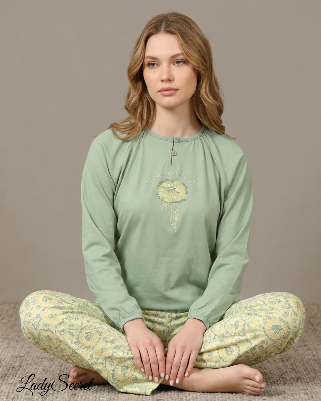 Pyjama Femme Morning Glory - Haut Vert Sauge & Pantalon Floral LP-0308