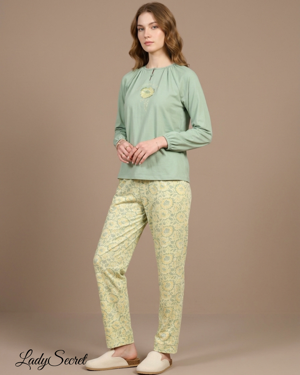 Pyjama Femme Morning Glory - Haut Vert Sauge & Pantalon Floral LP-0308