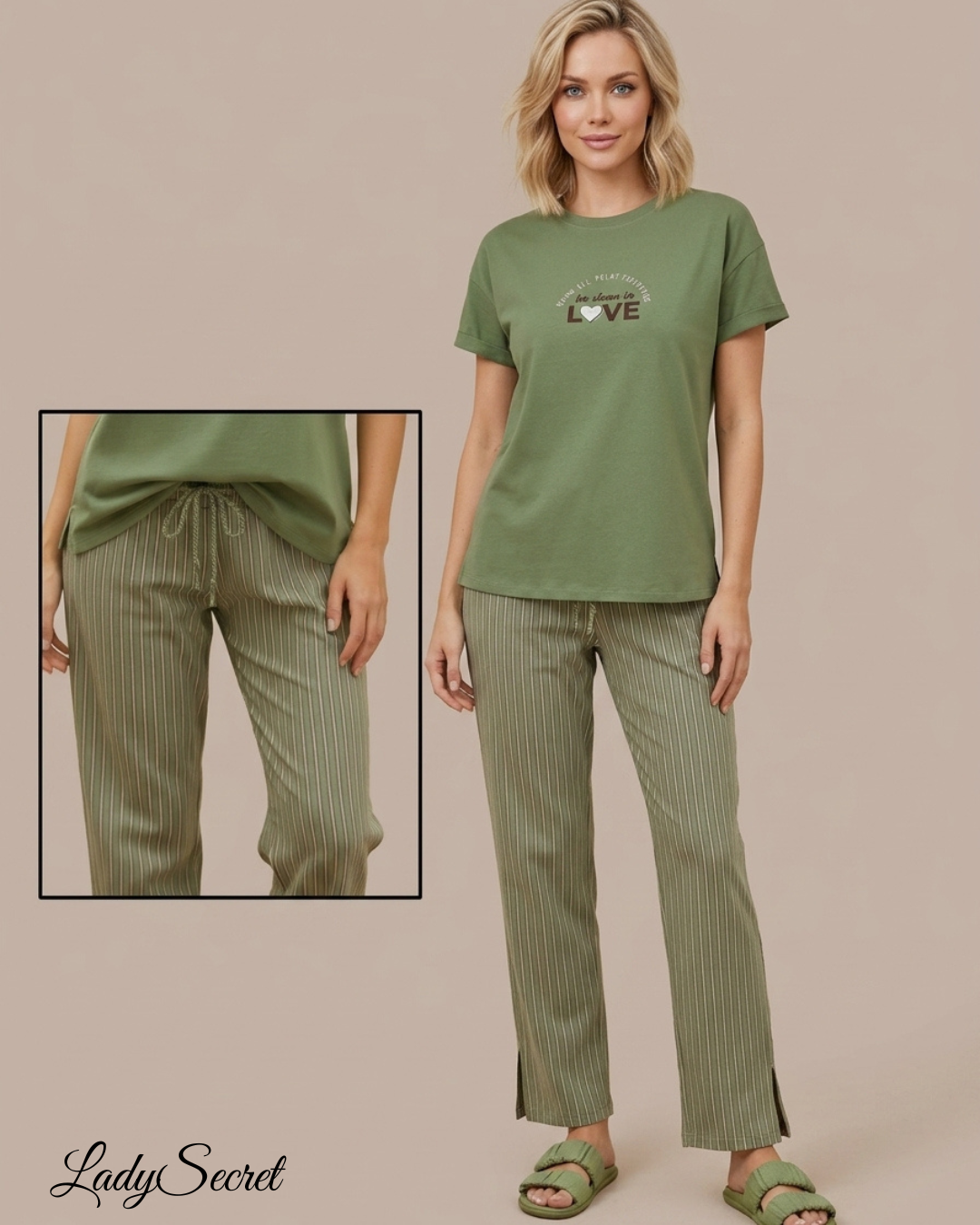 Pyjama Femme Love - T-shirt & Pantalon Rayé associe un t-shirt vert olive LP-0147
