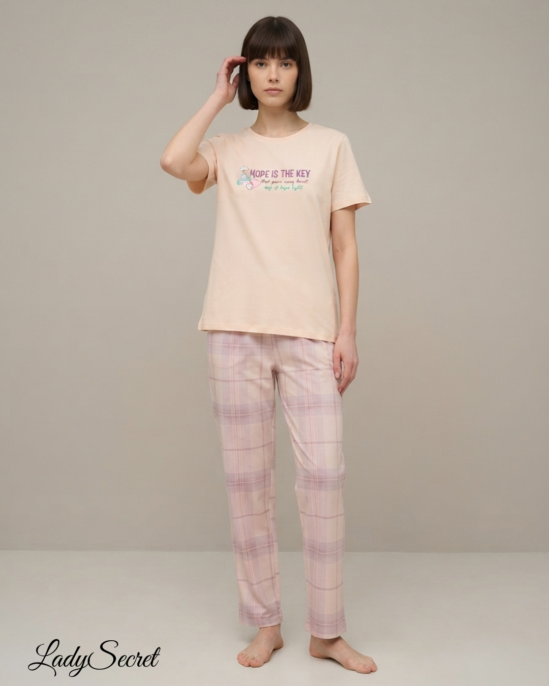 Pyjama Femme Hope is the Key - T-shirt & Pantalon à Carreaux 6041