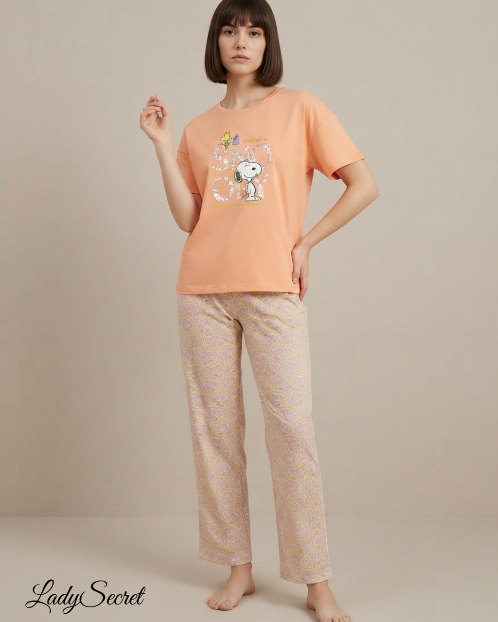 Pyjama Femme Snoopy - T-shirt Pêche & Pantalon Motif 6023