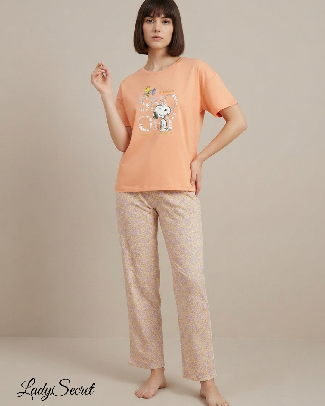 Pyjama Femme Snoopy - T-shirt Pêche & Pantalon Motif 6023