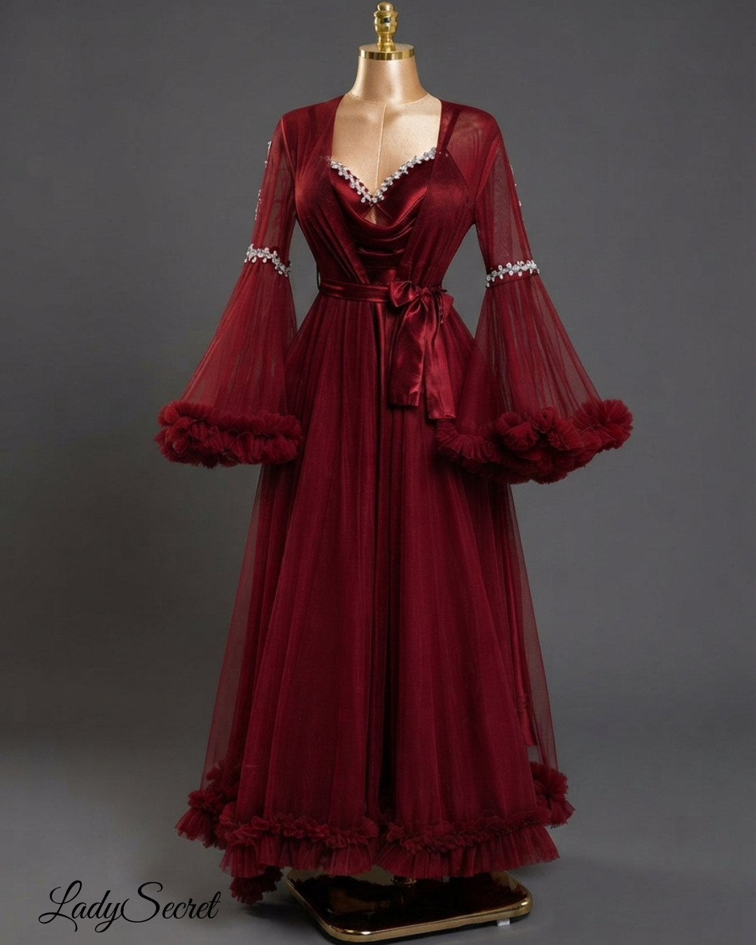 Robe de Soirée Bordeaux - Manches Cloche & Détails Perlés