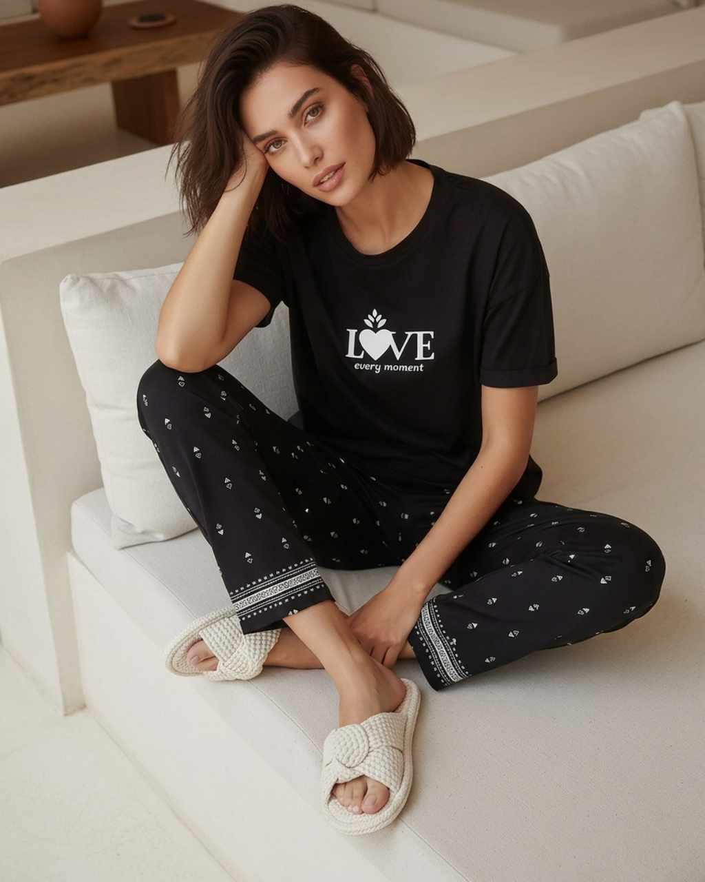 Pyjama Femme Love Moment Noir - T-shirt & Pantalon
