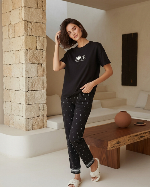 Pyjama Femme Love Moment Noir - T-shirt & Pantalon