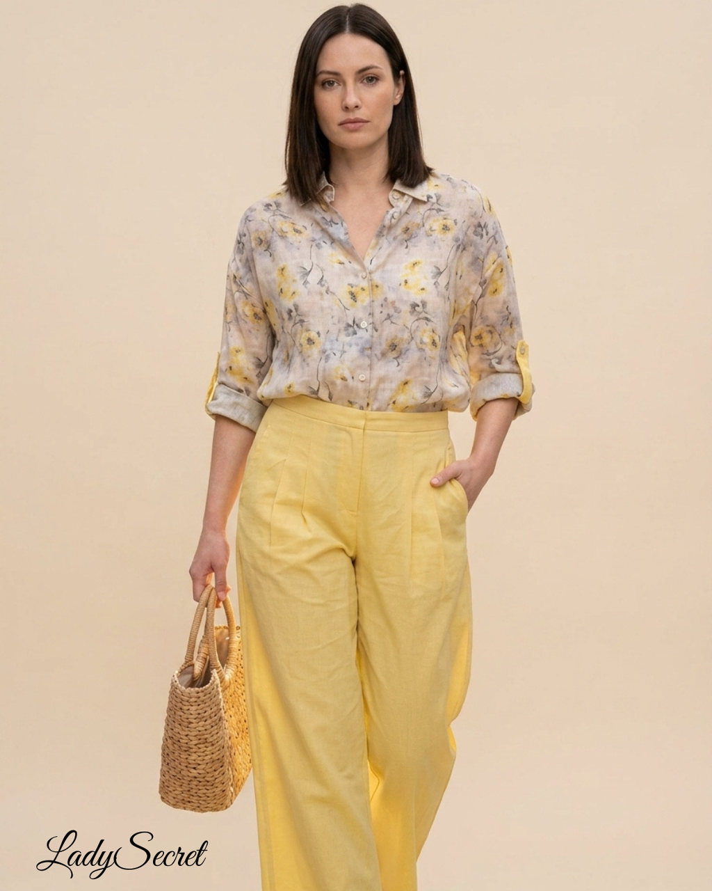 Ensemble Femme Floral Jaune – Chemise Boutonnée & Pantalon Large Coordonné