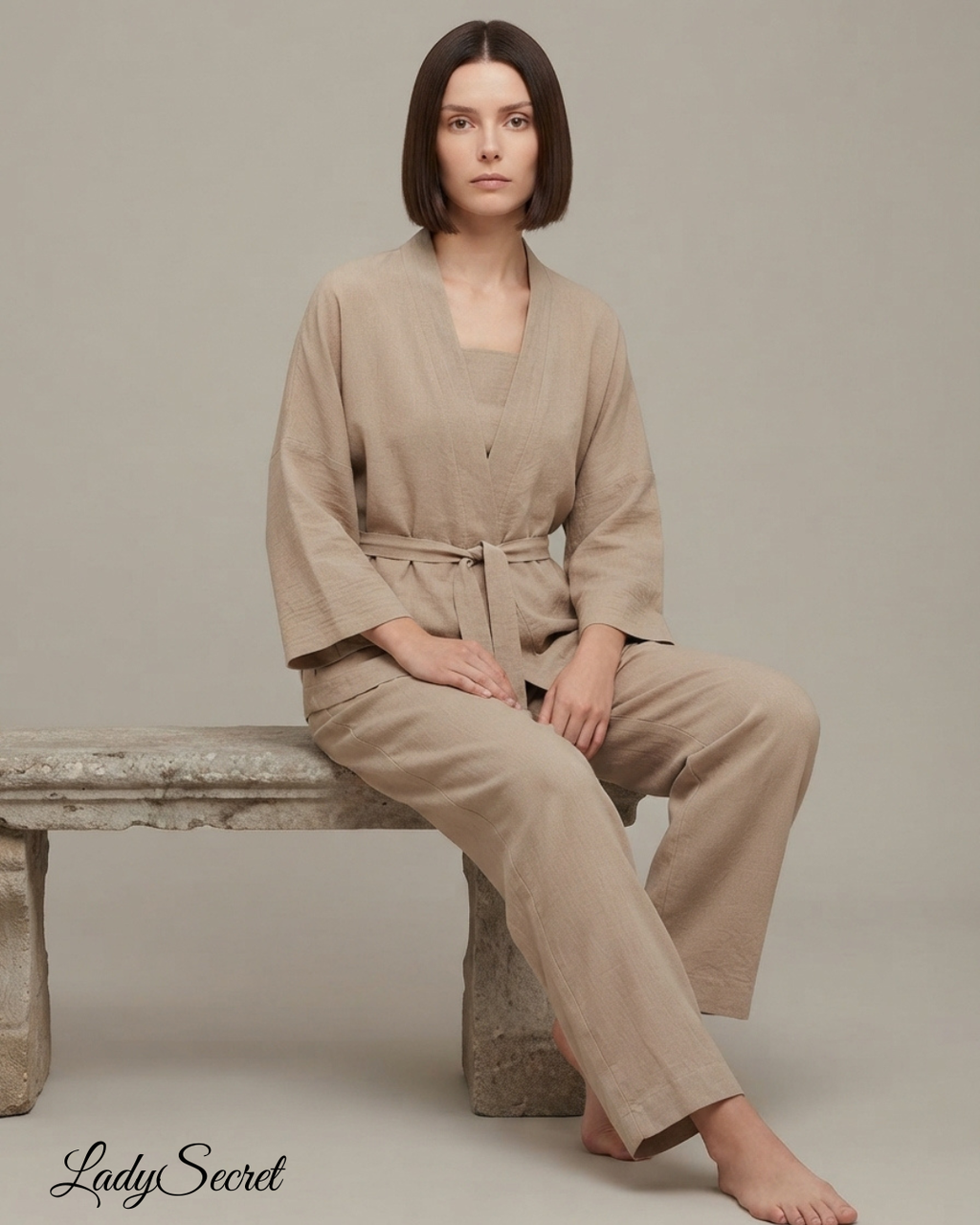 Ensemble Pyjama Femme Kimono Beige – Robe & Pantalon Coordonné