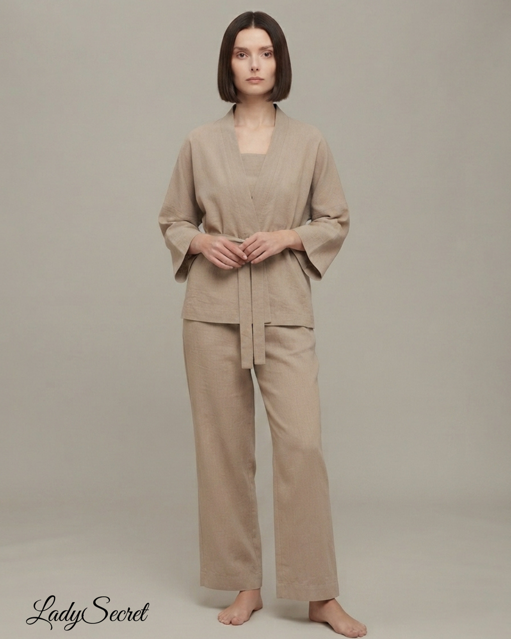 Ensemble Pyjama Femme Kimono Beige – Robe & Pantalon Coordonné