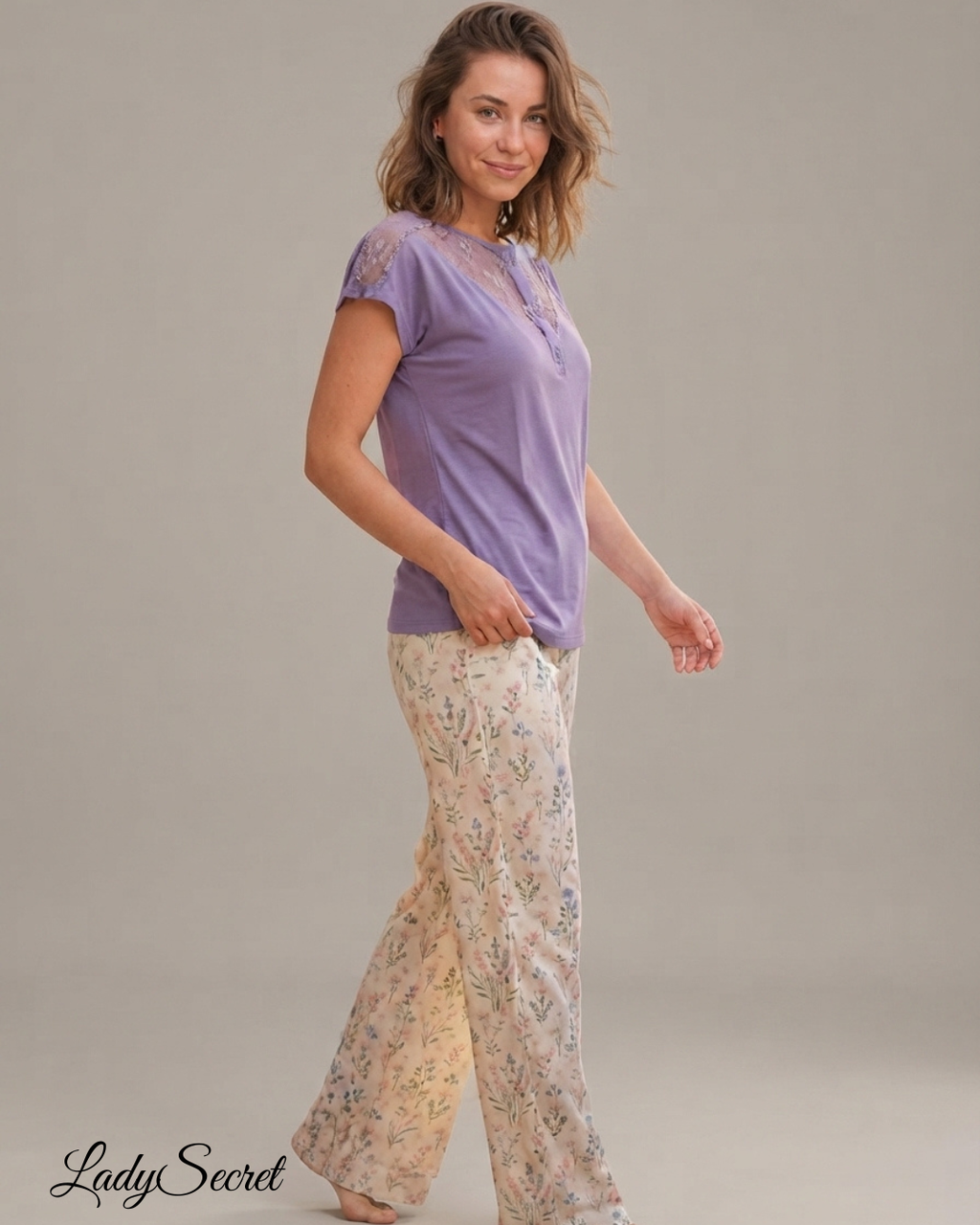 Pyjama Femme Dentelle Lavande – Top & Pantalon Floral Coordonné M-2826