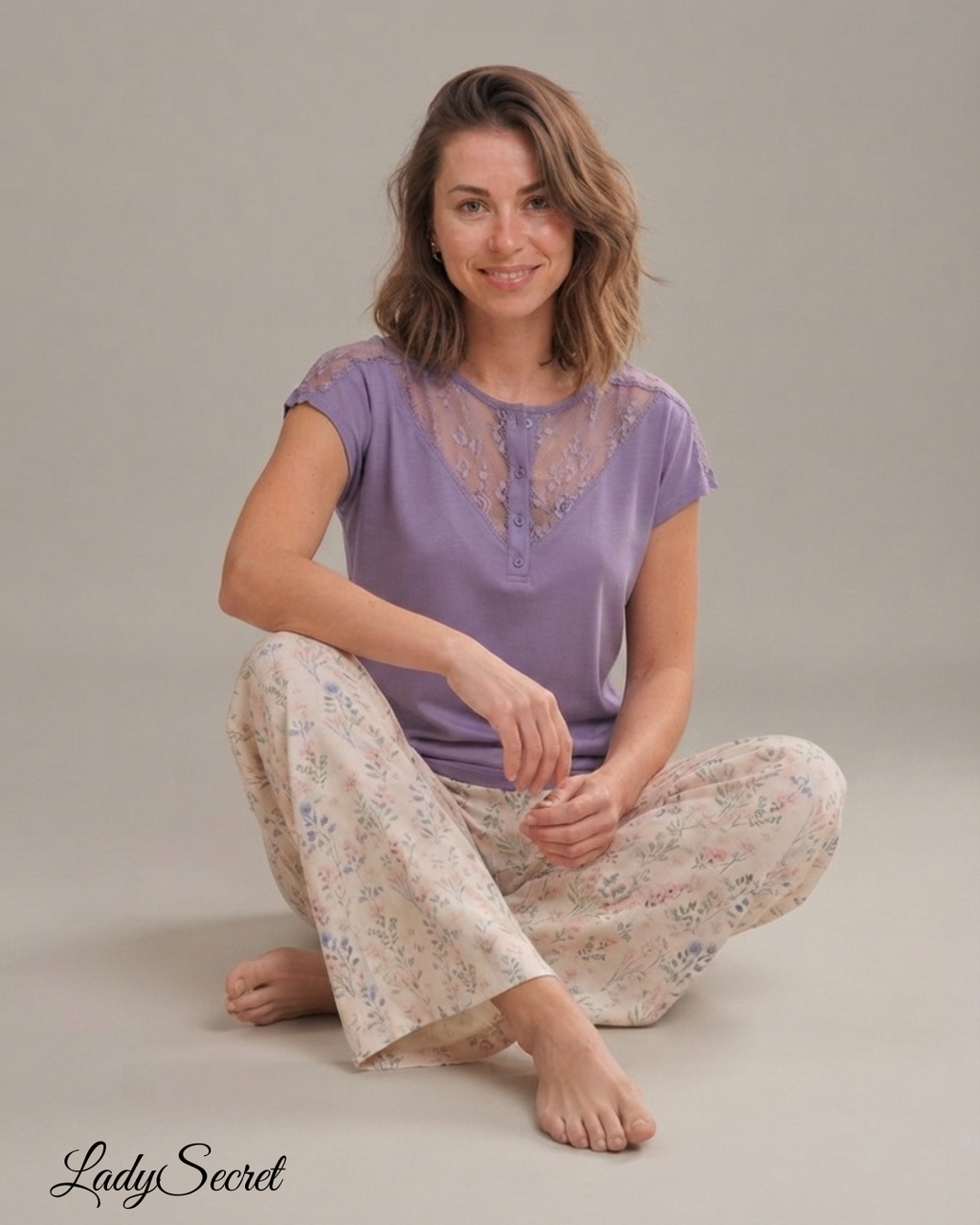 Pyjama Femme Dentelle Lavande – Top & Pantalon Floral Coordonné M-2826