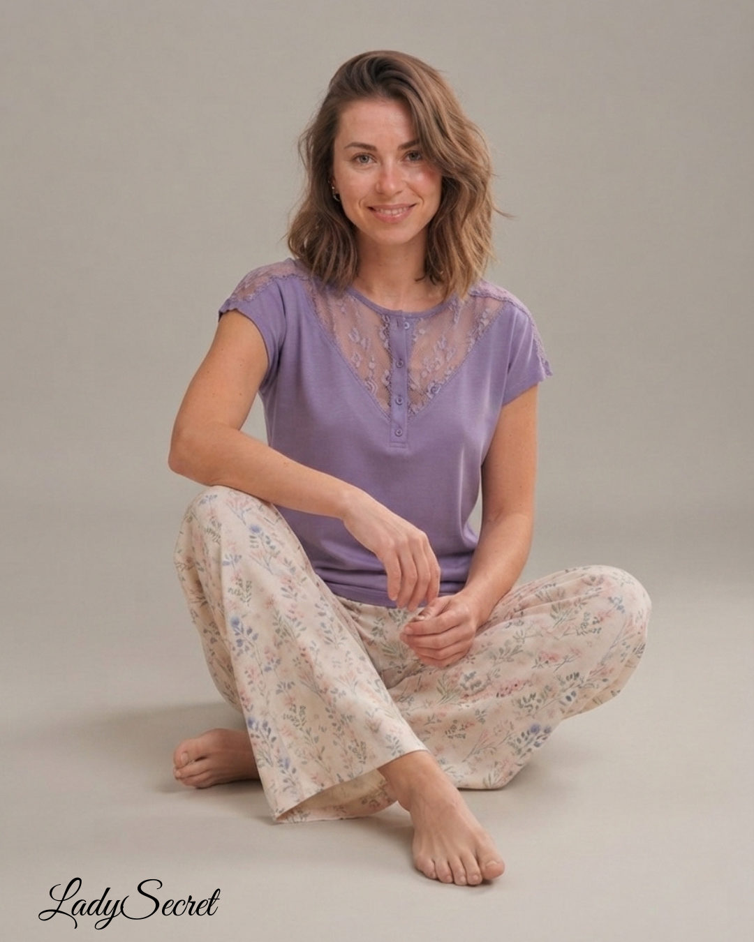 Pyjama Femme Dentelle Lavande – Top & Pantalon Floral Coordonné M-2826